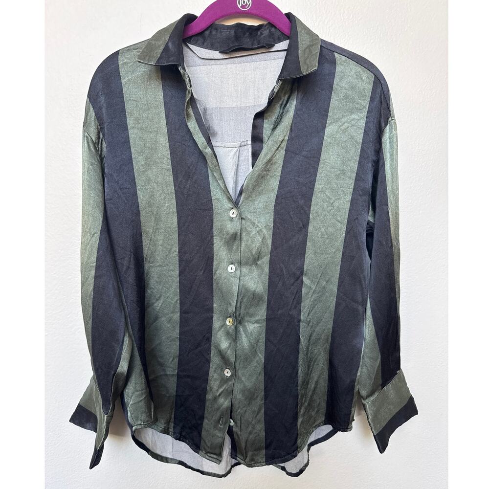 WB WithBlack Long Sleeve Satin Blouse Top Striped Shirt Black Green Women Sz S